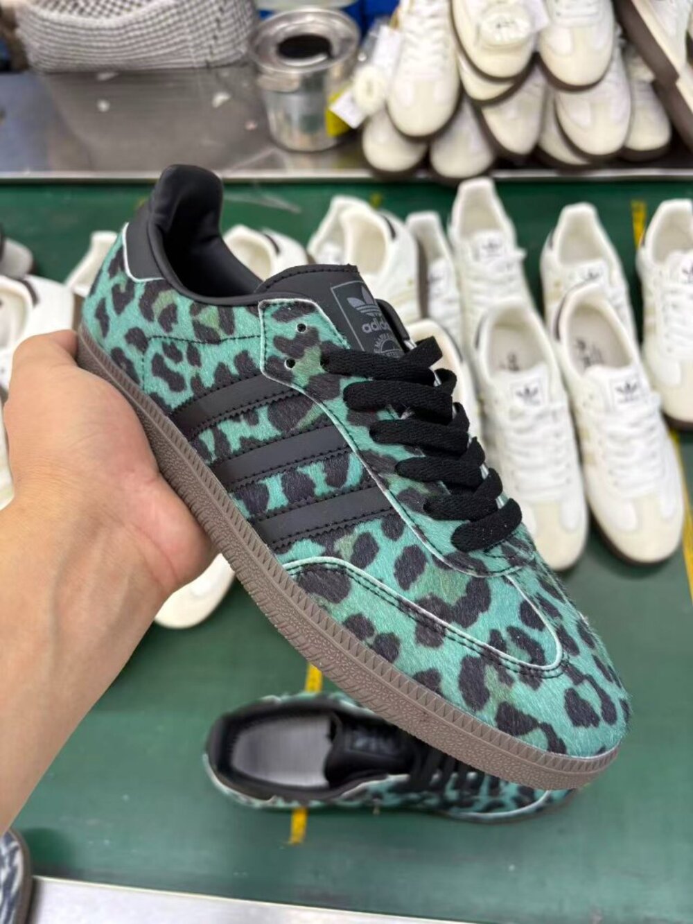Adidas Samba Green Leopard Print Black Stripe Sneakers